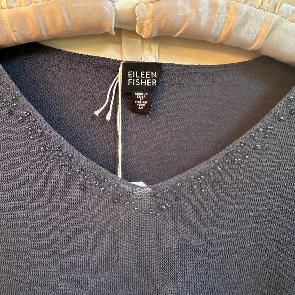 Eileen Fisher Teal V-Neck Sweater – Italian Yarn – Beaded Neckline – Size Medium - Picture 5 of 5